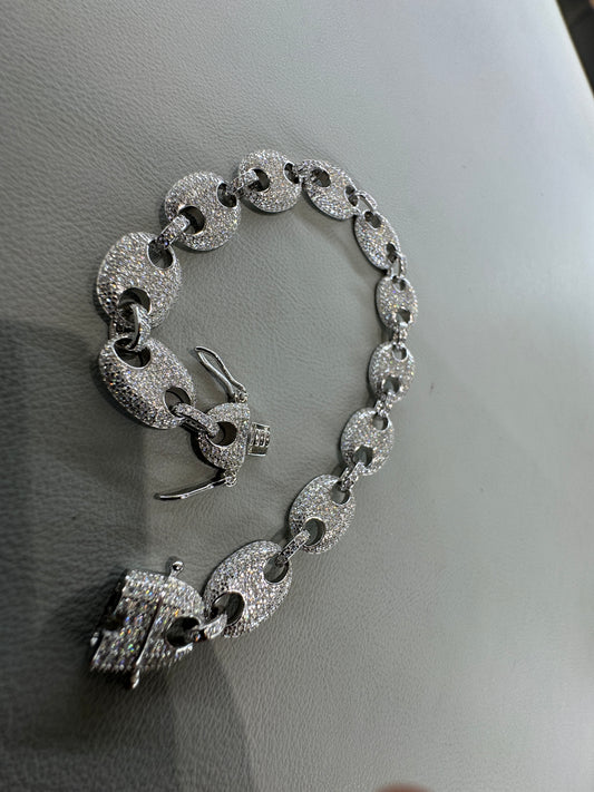 Sterling silver coffee bean link bracelet with moissanite 8 inch (model: MJCN071)