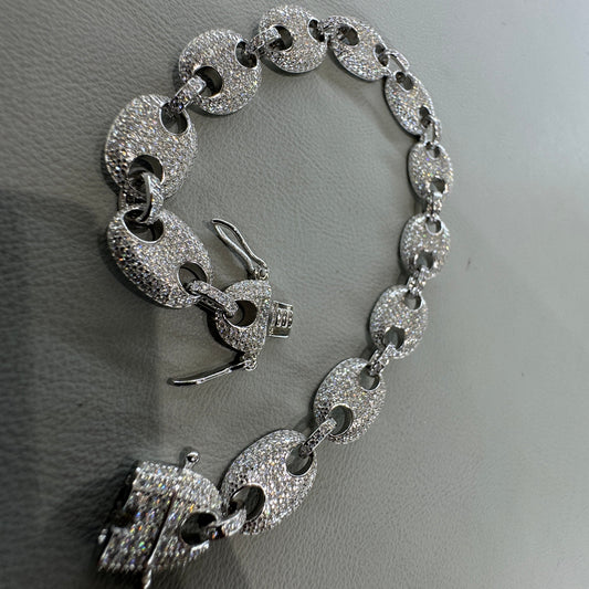 Sterling silver coffee bean link bracelet MJCN071 moissanite stones brilliant sparkle close-up