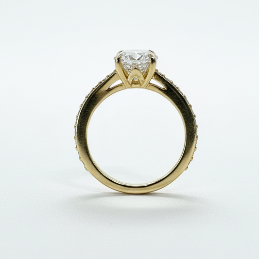 10K gold lab diamond ring side view showing 3CT lab diamond and accent stones expert craftsmanship