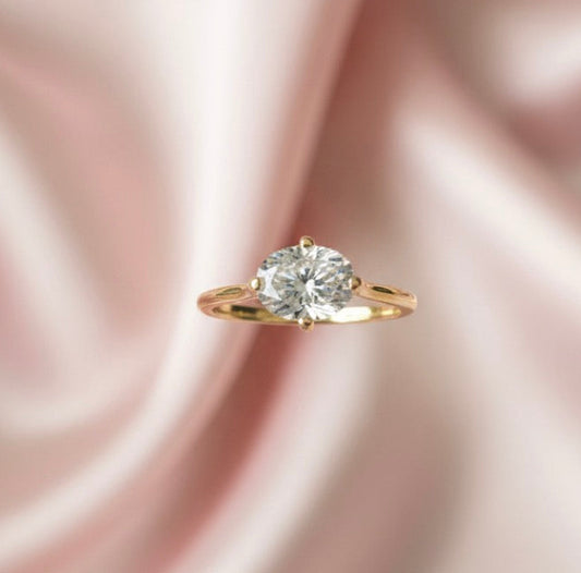 10K gold oval moissanite ring detail showing horizontally set moissanite sparkle expert craftsmanship