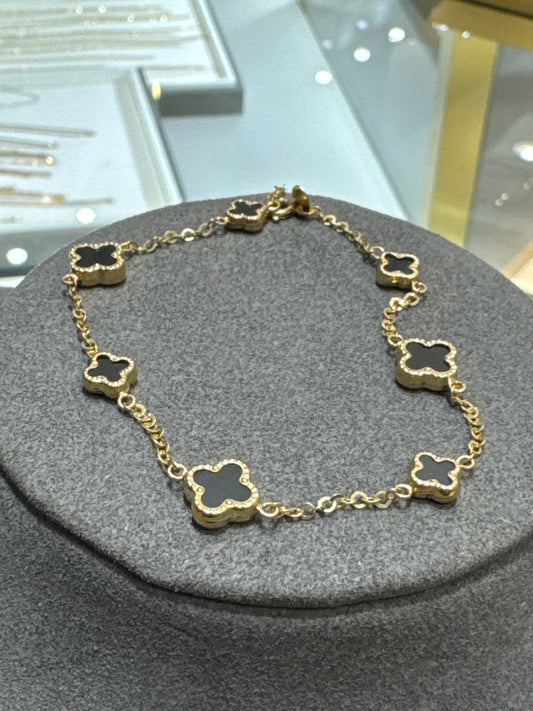 Bracelet Clover Or 10k & Onix Noir/ 4.12g / Ajustable 7.25’’ à 8’’ Bracelet