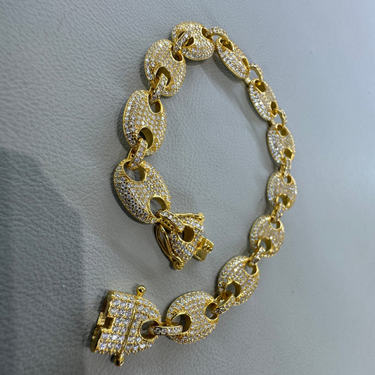 Sterling silver coffee bean link bracelet MJCN071 gold overlay moissanite stones brilliant sparkle
