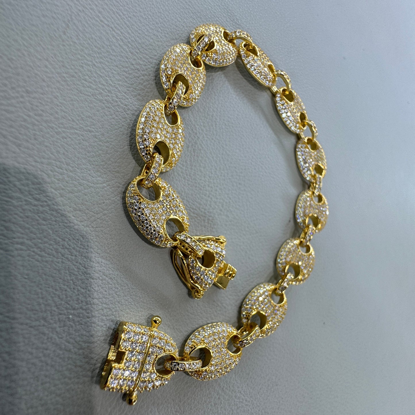 Sterling silver coffee bean link bracelet MJCN071 gold overlay moissanite stones brilliant sparkle
