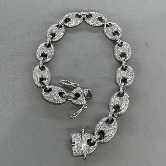 Sterling silver coffee bean link bracelet with moissanite 8 inch unique nature-inspired design