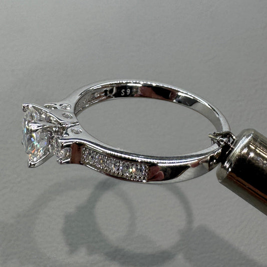 Sterling silver moissanite ring AZ063-J close-up showing brilliant stone and expert setting