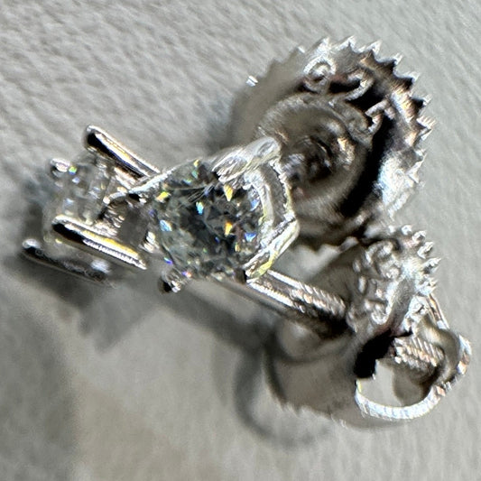 3mm moissanite studs detail showing brilliant fire sterling silver rhodium plated luxurious finish