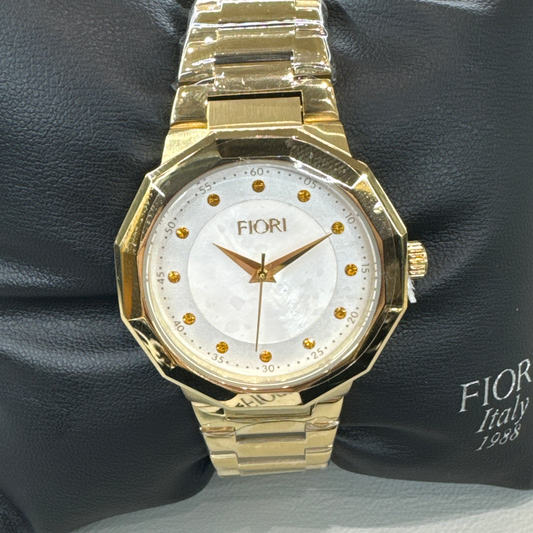 Fiori 3898 women's watch detail showing rose gold IP finish white MOP dial gold accents elegant