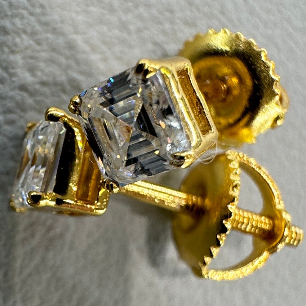 4mm square moissanite studs detail showing geometric cut sterling silver gold overlay contemporary design