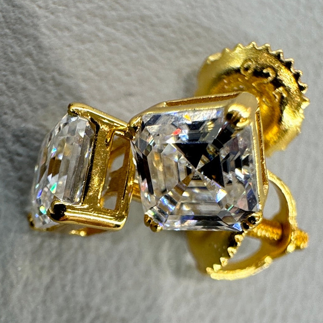 5mm square moissanite studs detail showing geometric cut sterling silver gold overlay contemporary design