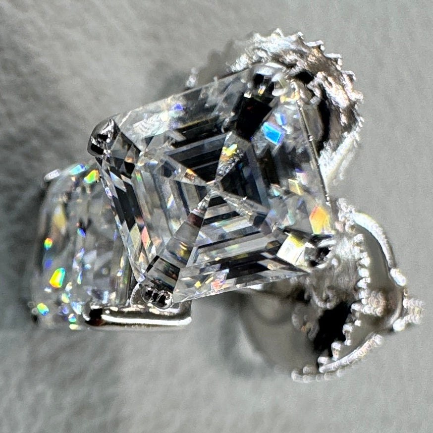 5mm square moissanite studs detail showing geometric cut sterling silver rhodium plated contemporary design