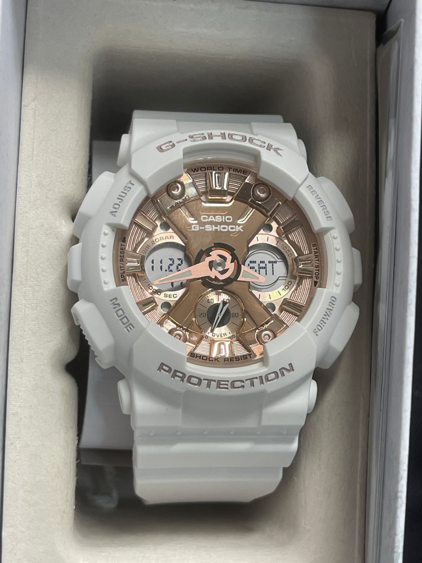 Reloj Casio G-Shock GMA-S120MF-7A2 para mujer, analógico-digital, color oro rosa blanco