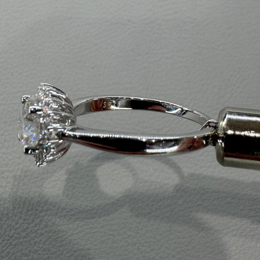 Sterling silver moissanite ring AZ012-J close-up showing brilliant gemstones and expert setting