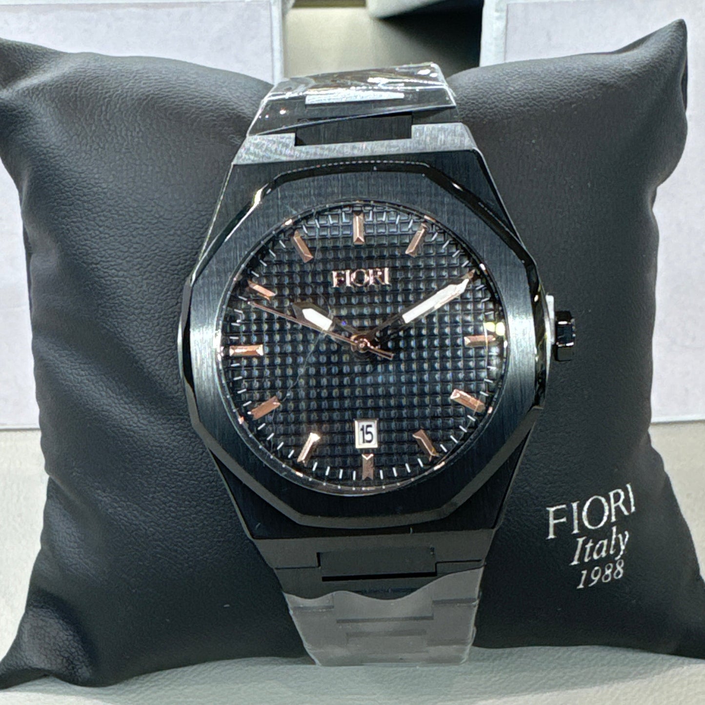 Fiori 3888 men's black watch brushed polished finish sapphire crystal elegant