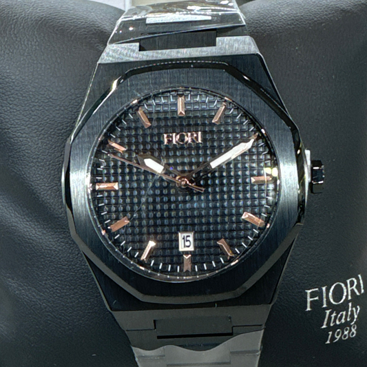 Fiori 3888 men's watch detail showing black IP finish rose gold accents pattern dial