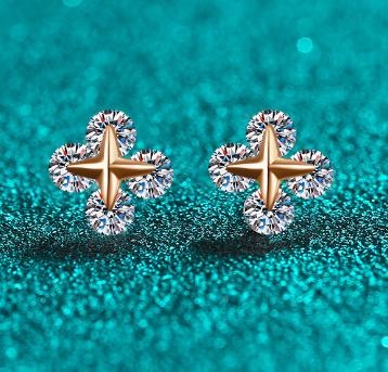 Moissanite Cross Stud Earrings - Gold Plated 925 Sterling Silver (AZ1036-E)