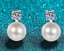 Pearl & Moissanite Drop Earrings - 925 Sterling Silver (AZ487-E)