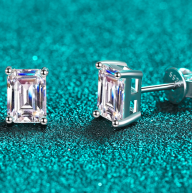 Emerald-Cut Moissanite Stud Earrings - 925 Sterling Silver (AZ490-E)