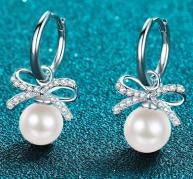 Pearl Bow Moissanite Drop Earrings - 925 Sterling Silver (AZ491-E)