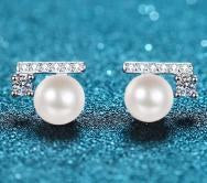 Pearl Bar Earrings with Moissanite - 925 Sterling Silver (AZ496-E)