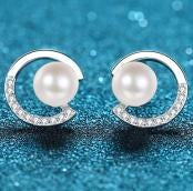 Pearl Moon Earrings with Moissanite - 925 Sterling Silver (AZ497-E)