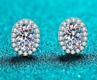 Oval Halo Moissanite Stud Earrings - 925 Sterling Silver (AZ592-E)