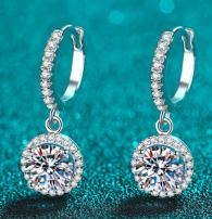 Moissanite Halo Drop Earrings - 925 Sterling Silver (AZ650-E)