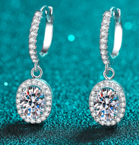 Oval Halo Moissanite Drop Earrings - 925 Sterling Silver (AZ653-E)