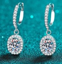 Oval Halo Moissanite Drop Earrings - 925 Sterling Silver (AZ653-E)