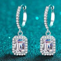 Emerald-Cut Moissanite Drop Earrings - 925 Sterling Silver (AZ655-E)