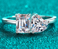 Emerald-Cut Moissanite Ring with Pear Accent - 925 Sterling Silver (AZ805-J)
