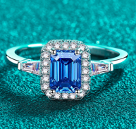 Blue Emerald-Cut Moissanite Halo Ring - 925 Sterling Silver (AZ867-J)