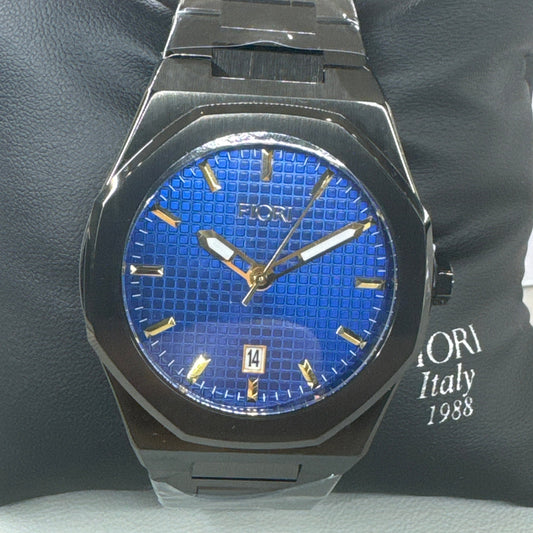 Fiori 3889 men's watch detail showing gunmetal IP finish blue pattern dial gold accents