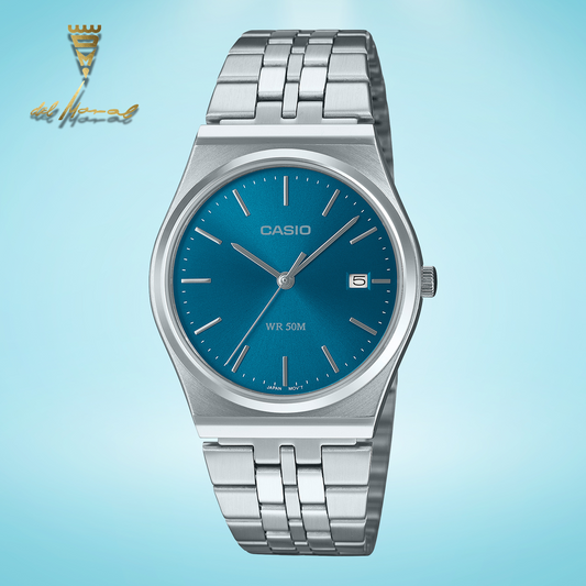 Casio MTPB145D-2A2V vintage watch detail showing blue dial stainless steel case elegant