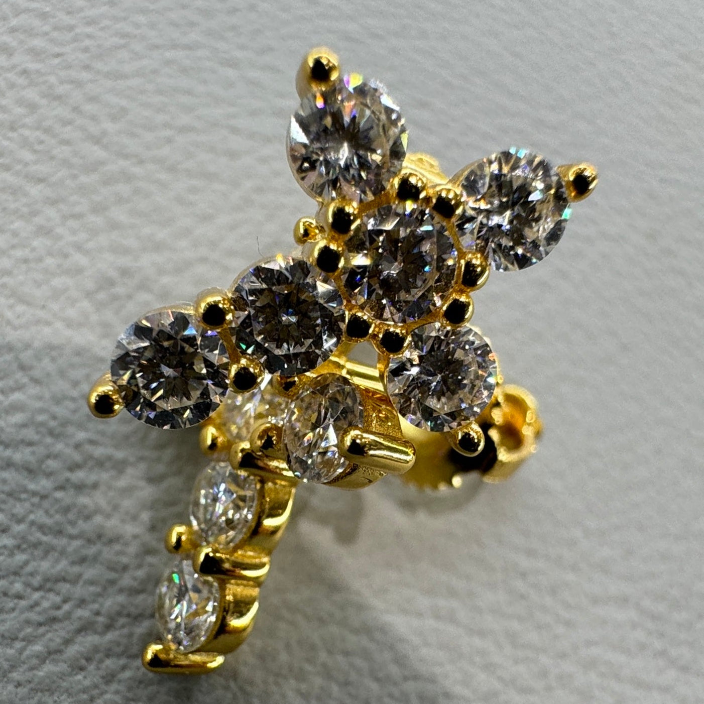 Cross earrings detail showing moissanite stones sterling silver gold overlay elegant