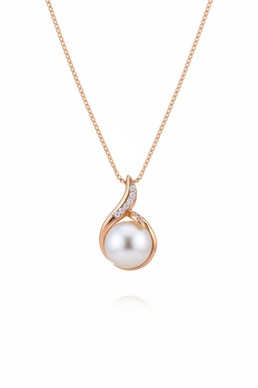 10K Rose Gold pearl necklace with natural diamonds 0.001CT