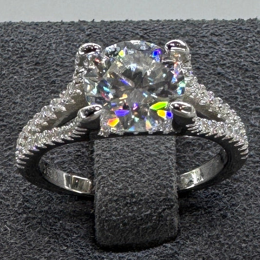 Sterling silver moissanite ring AZ037-J side view showing expert setting and stone brilliance