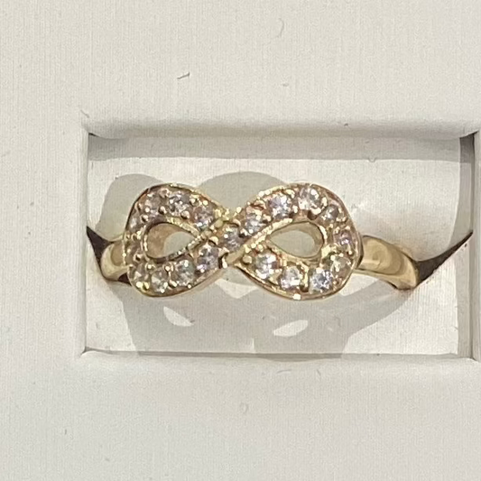 10K yellow gold infinity ring detail showing zircon stones elegant design