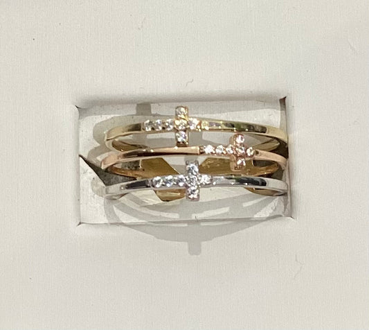 10K Tri-Color Gold Cross Ring with Zirconia - Yellow, Rose & White - 2.62g - Free Sizing