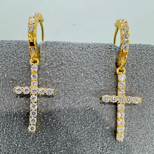Hoop cross earrings with moissanite sterling silver gold overlay faith-inspired spiritual jewelry