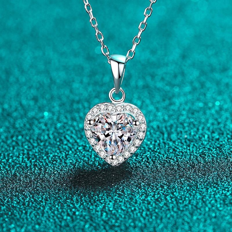 Moissanite Heart Halo Pendant Necklace - 925 Sterling Silver (MJE1118)