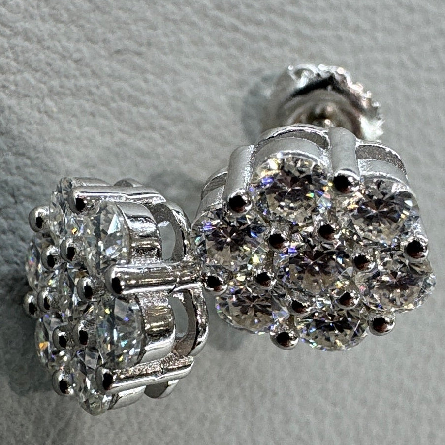 Moissanite earrings detail showing accent stones halo design sterling silver rhodium plated luxurious finish