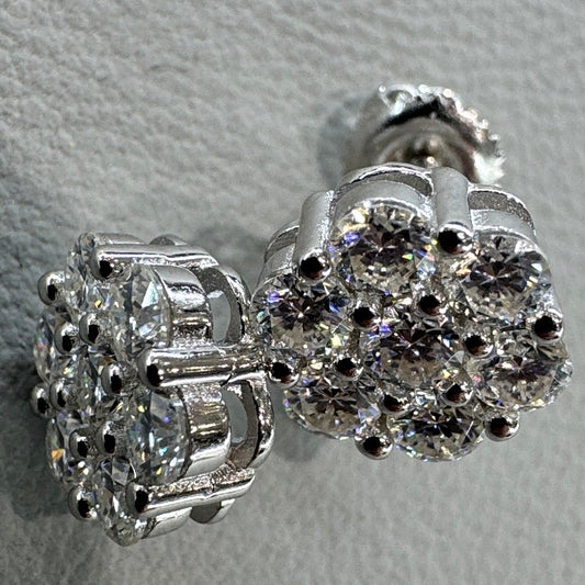 Moissanite earrings detail showing accent stones halo design sterling silver rhodium plated luxurious finish
