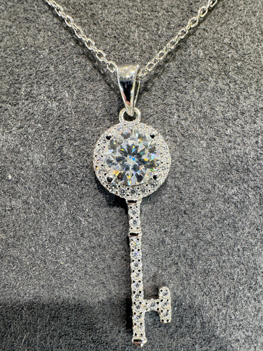 Sterling silver necklace with key pendant and 1ct moissanite Model MJE1101 symbolic elegant design