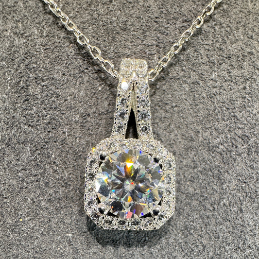 Sterling silver necklace with square pendant and 1ct moissanite modern geometric design