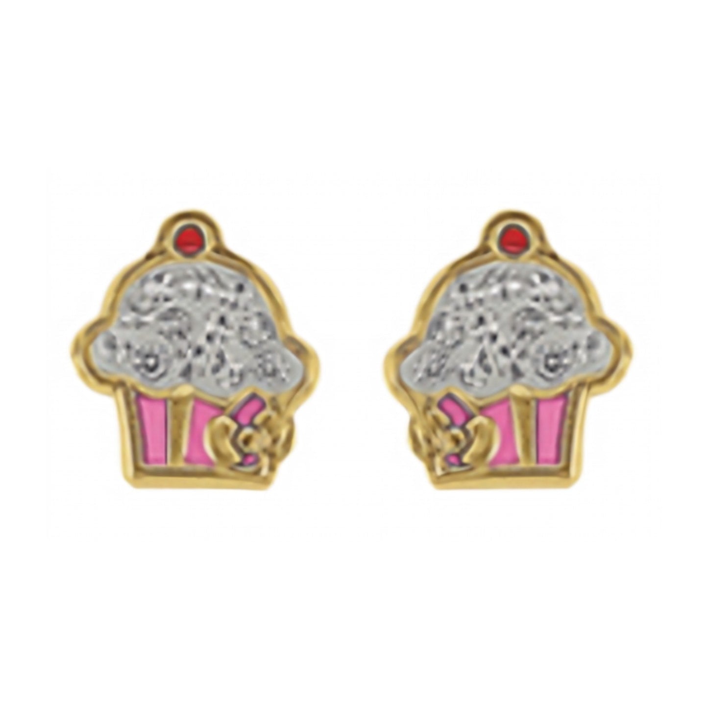 10K Gold Enamel Cupcake Stud Earrings