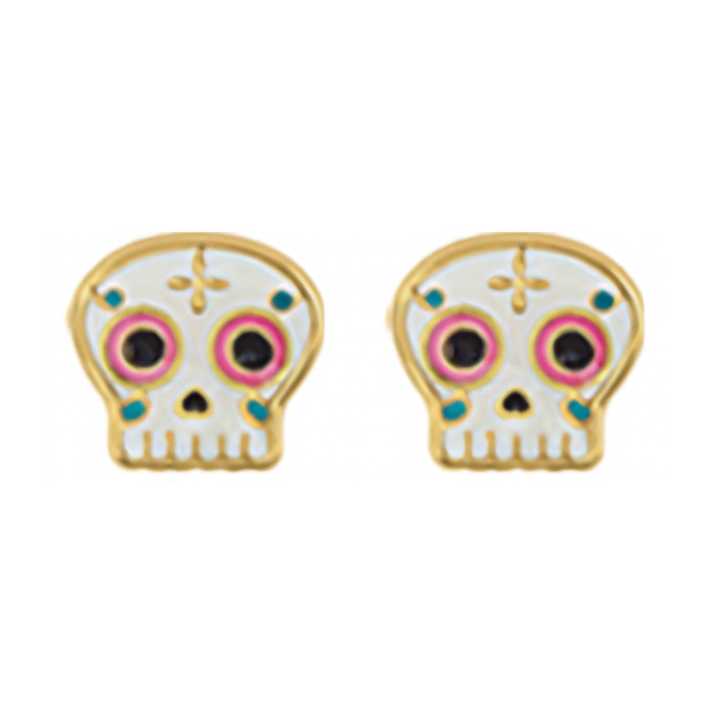 10K Gold Enamel Catrina Skull Stud Earrings