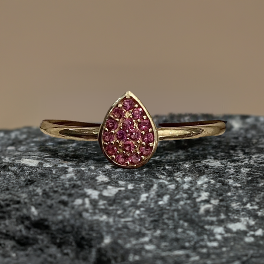 10K Yellow Gold Pink Drop Ring with Ruby Zirconia - 1.21g - Free Sizing