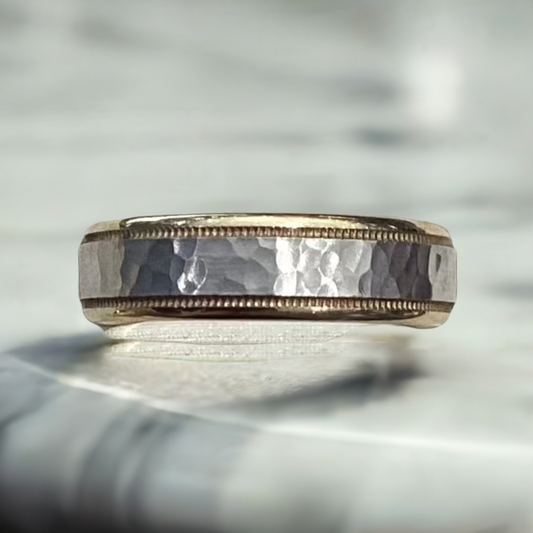 10K yellow gold wedding band detail showing substantial 5.14g weight, free professional sizing