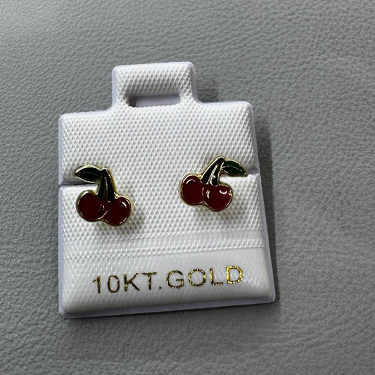 10K Gold Enamel Cherry Stud Earrings