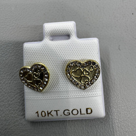 10K Gold Heart Stud Earrings with Mini Hearts